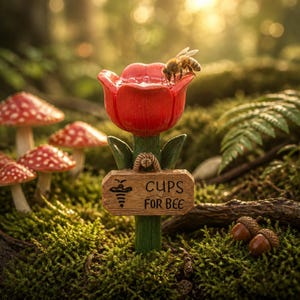 Könnte beinhalten: Ein rotes, tulpenförmiges Wasserbecken auf einem grünen Stiel mit einem kleinen Holzschild, das vorne hängt. Das Schild zeigt eine Bienenillustration und den Text CUPS FOR BEE. Eine Biene sitzt auf dem Rand des roten Tulpenbeckens.