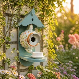 May include: A decorative birdhouse with a light blue roof and a round, floral-patterned body. The birdhouse has a small perch and a white dish below. The background features climbing vines and flowers, creating a garden setting.