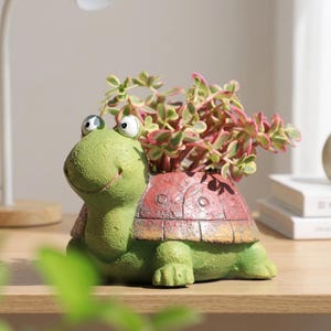 手描きのおもしろいカメの植木鉢｜小さな植物のための風変わりな樹脂製鉢