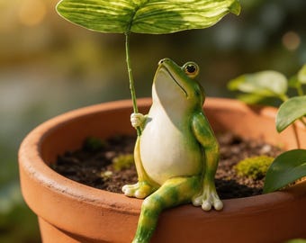 Frog Statue with Leaf Umbrella, Whimsical Planter Sitter, Hand-Painted Ornament