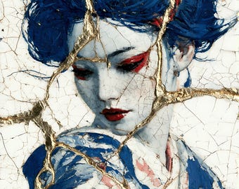 Kintsugi Geisha Portrait – Blue Hair, Red Lips and Gold Cracks, Japanese Wabi Sabi Wall Art Canvas, Limited Edition