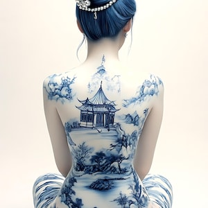 Könnte beinhalten: Eine Person mit blauen Haaren und einem Tattoo eines traditionellen asiatischen Landschaftsbildes auf dem Rücken. Das Tattoo zeigt eine Pagode, Bäume und Berge in Blau- und Weißtönen. Die Person trägt ein passendes Outfit mit blau-weißem Muster.