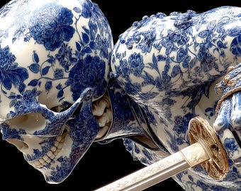 Porseleinen samurai-schedel – Blauwe keramische krijger, eigentijds muurkunstwerk