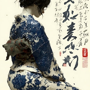 May include: An artistic depiction of a person in a blue and white floral kimono, kneeling with their back to the viewer. The image features Japanese calligraphy and a red seal. The kimono's design is a prominent feature.