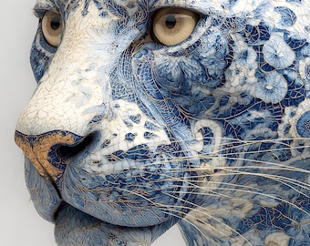 Chinoiserie Leopard Art Print – Blue Floral Porcelain Animal Decor