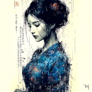 May include: Digital art print of a woman in a blue kimono, with dark hair and a serene expression. The artwork features Japanese calligraphy and a red seal. The style is painterly, with visible brushstrokes and a soft color palette.