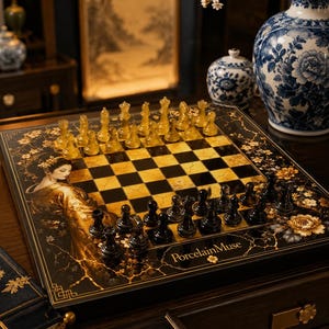 May include: A decorative chess set with a black and gold board featuring a woman's portrait and floral accents. The chess pieces are clear and black. The board is set on a dark wooden surface. The text "Porcelain Muse" is visible on the board.