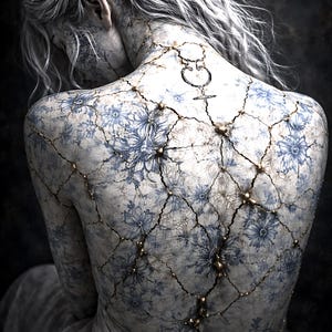 May include: An artistic image of a person's back, showing a cracked porcelain effect with blue floral patterns. The cracks are filled with gold, and a symbol is tattooed on the neck. The person has long, silver hair and is wearing a draped garment.