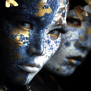 Dubbelt Geisha-porträtttryck, blåguld japanskt ansikte, väggkonst, porslinsdekor