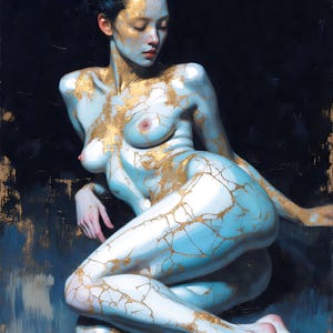 May include: A painting of a person with light blue skin and gold accents. The figure is in a seated position with eyes closed, and the body is adorned with gold leaf, creating a cracked effect. The background is dark blue.