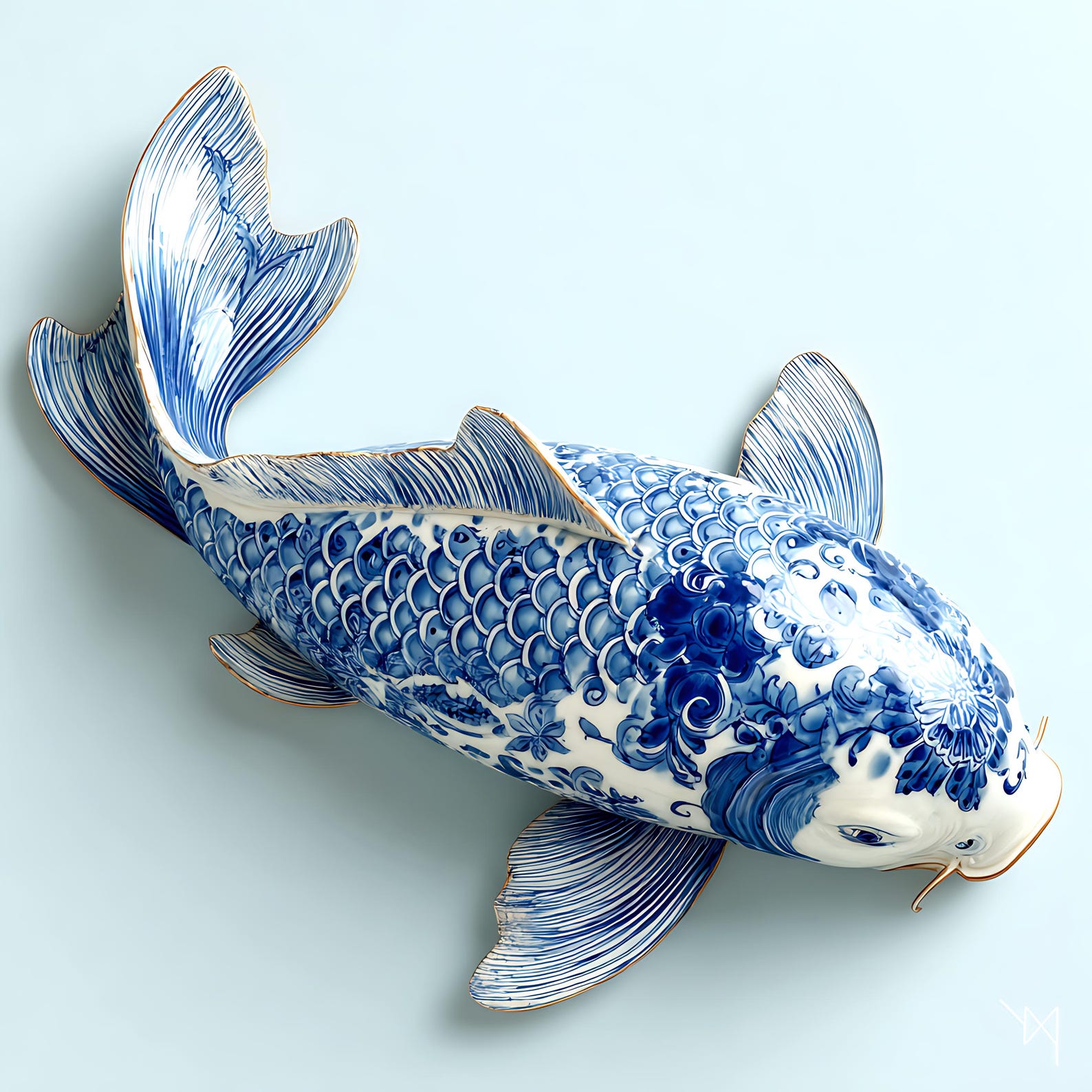 Porcelain Koi Fish Wall Art – Blue White Chinese – Symbol – Asian ...