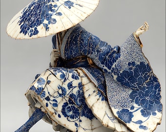 Lienzo de guerrero samurái en porcelana azul y blanca: impresión de edición limitada