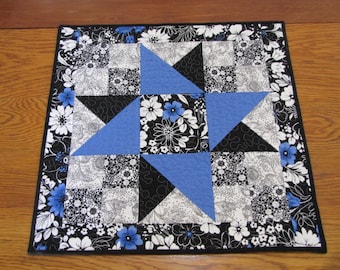 Handmade Wall, Candle Mat,  Table Topper Quilt Black White and Periwinkle Flowers