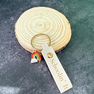 Personalized Teacher Keychain – Schoolin&#39; It Leather Keyring with Rainbow Charm – Teacher Gift for Women – Cute End of Year Gift for Teacher