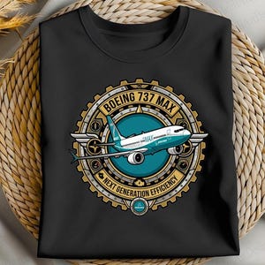 May include: Black t-shirt with a Boeing 737 MAX design. The graphic shows a teal and white aeroplane, the text "BOEING 737 MAX", and "NEXT GENERATION EFFICIENCY" within a circular, gear-shaped frame.