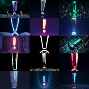 Puede incluir: Un collage de varios diseños de signos de exclamación. Las imágenes muestran diferentes estilos, incluyendo interpretaciones metálicas, brillantes y artísticas. Algunas imágenes presentan figuras en miniatura interactuando con los signos de exclamación, mientras que otras tienen una estética futurista o abstracta.