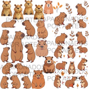 Pode incluir: Uma coleção de ilustrações de capivaras de desenho animado em várias poses. As capivaras são retratadas em tons de marrom e bege, algumas com folhas de outono e galhos. As ilustrações estão em um fundo branco.