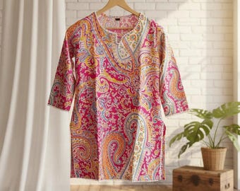 Katoenen Kurti-katoen met blokprint: boho-Indiase tuniektop