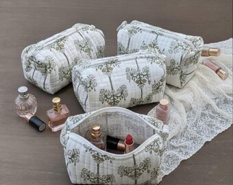 Estuche de maquillaje de algodón con rayas blancas y estampado a mano