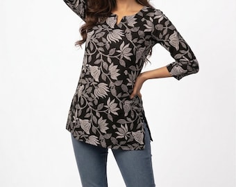 Authentic Indian Block Print Tunic - Cotton Kurta | Breathable Summer Dress for Work or Casual Wear | Sustainable Boho Top - ENAREZI