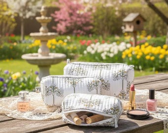 Estuche de maquillaje de algodón con rayas blancas y estampado a mano