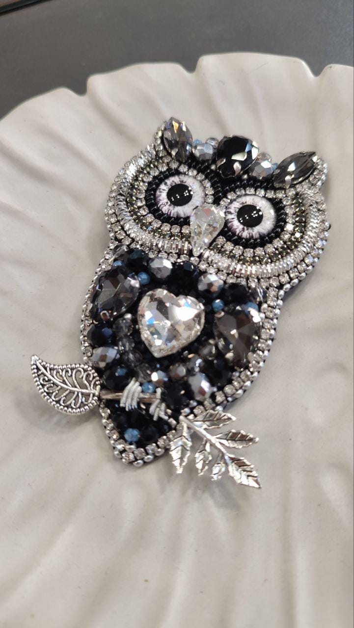 Handmade Beaded Owl Brooch – Rhinestone Crystal Leather Pin