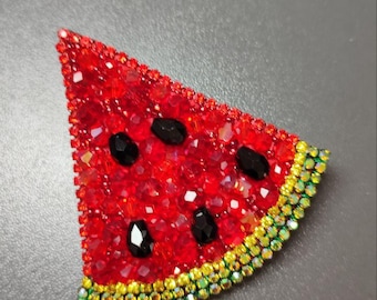 Beaded Watermelon Brooch – Handmade Embroidery on Leather