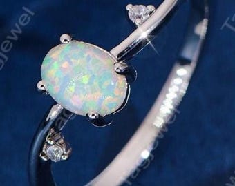 Oval Shaped Dainty Opal Engagement Ring-925 Sterling Silver Anniversary Promise Ring For Women-Handmade Jewelry