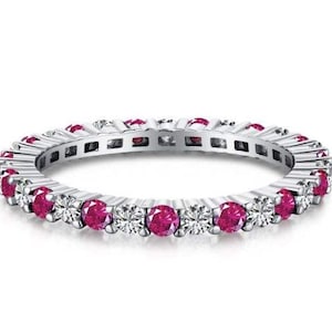 ラボグロウン ルビー モアッサナイト エタニティバンド 925スターリングシルバー スタッキング ウェディング プロミスリング 女性へのギフト