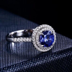 Round Shape Lab Blue Sapphire With Halo Round Lab Moissanite Wedding Ring In Sterling Silver Engagement Ring For Women Bridal Promise Ring