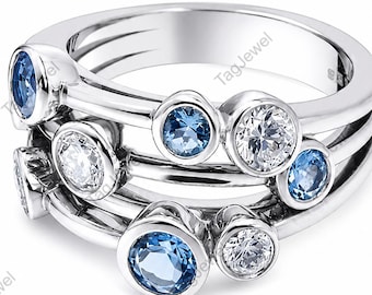 Blue Topaz boodle Ring, Sterling Silver Cluster Rings, Modern Statement Bezel Set Gemstone Gift