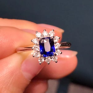 Emerald Lab Sapphire Engagement Ring: Moissanite Halo, Sterling Silver Bridal Ring