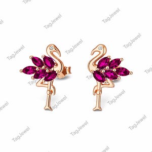 Flamingo-Ohrstecker in Roségold, Rubin-Ohrstecker, Vogelschmuck, Tier-Ohrringe, Geschenk für Frauen