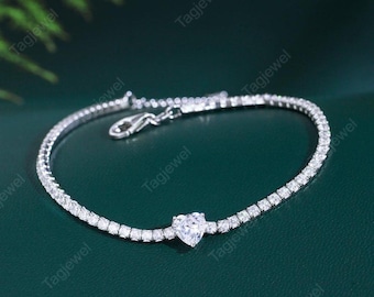 Heart Shape Moissanite Tennis Wedding Bracelet 925 Sterling Silver Handmade Anniversary Gift For Women
