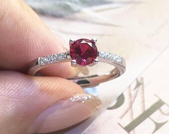 Anillo de boda de plata de ley 925 con rubí rojo - Anillo solitario redondo - Joyería artesanal para mujer - Regalo de aniversario