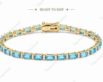 Swiss Blue Topaz Tennis Bracelet, Emerald Blue Gemstone , 925 Sterling Silver Jewelry, December Birthstone
