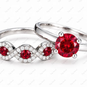 Trouwringenset met robijn, ronde verlovingsringen, ring met marquise-vorm, bruidssets van sterling zilver