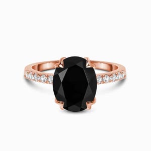 Oval Shape Natural Black Onyx Engagement Ring 14k Rose Gold Solitaire Black Onyx Wedding Ring For Women Bridal Promise Ring Anniversary Gift