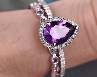 Peervorm Amethist Verlovingsring set-925 sterlingzilver Bruidsverjaardag Handgemaakt sieraden Cadeau voor haar