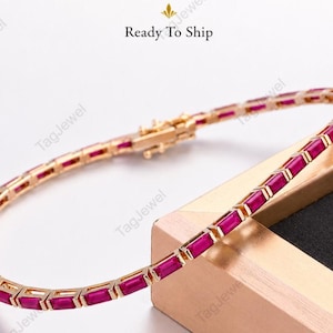 Baguette Cut Ruby Tennis Bracelet, 925 Sterling Silver Bracelet, July Birthstone Jewelry, Anniversary Gift