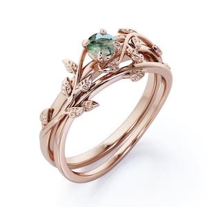 Moss Agate Rose Gold Leaf Ring Nature Inspired Vine Engagement Ring Unique Boho Bridal Jewelry Forest Wedding Ring for Her Anniversary Gift
