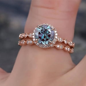 Lab Alexandrite Engagement Ring Set 14k Rose Gold Vintage Halo Bridal Ring Set Color Change Gemstone Wedding Ring Set Unique Promise Ring