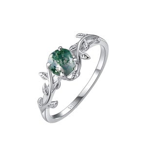 Round Shape Natural Moss Agate Wedding Ring In 925 Sterling Silver Leaf Style Engagement Ring For Women Vintage Style Ring Anniversary Gift