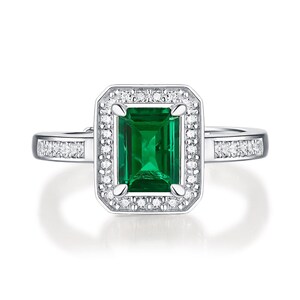 Emerald Cut Green Gemstone Ring 925 Sterling Silver Halo Engagement Ring Art Deco Style Anniversary Gift For Her Emerald Bridal Promise Ring