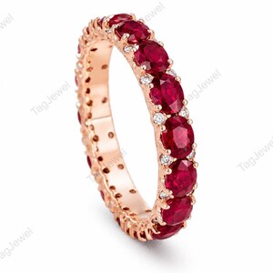 Ruby Eternity Ring, 925 Silver Band, Full Eternity Wedding Rings, Oval Cut Anniversary Gift