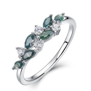 Leaf Inspired Moss Agate Ring With White Moissanite Nature Engagement Ring In 925 Sterling Silver Band Dainty Botanical Jewelry Gift For Her