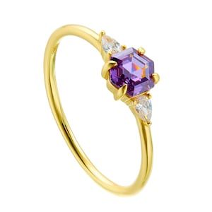 Hexagon Cut Natural Amethyst Ring in 14K Gold with Pear Cut Lab Moissanite Accents Unique Three Stone Engagement Ring Birthstone Jewelry