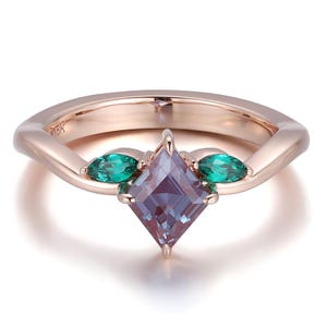Kite Shape Color Changing Alexandrite Engagement Ring In 14k Rose Gold Three Gemstone Ring For Women Bridal Promise Ring Anniversary Gift