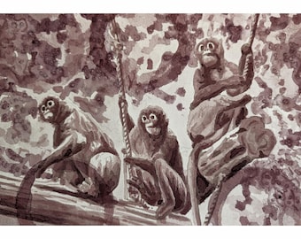 Wine & Watercolor original sketch- "Monkeys"