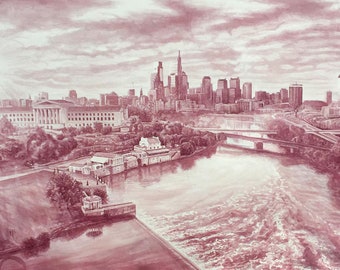 Wine & Watercolor Painting - "Philadelphia 2018, From The Schuylkill River."